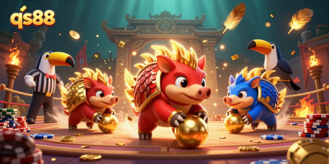 qs88 features rival pangolins competing in a vibrant casino-themed scene filled with golden gambling riches.