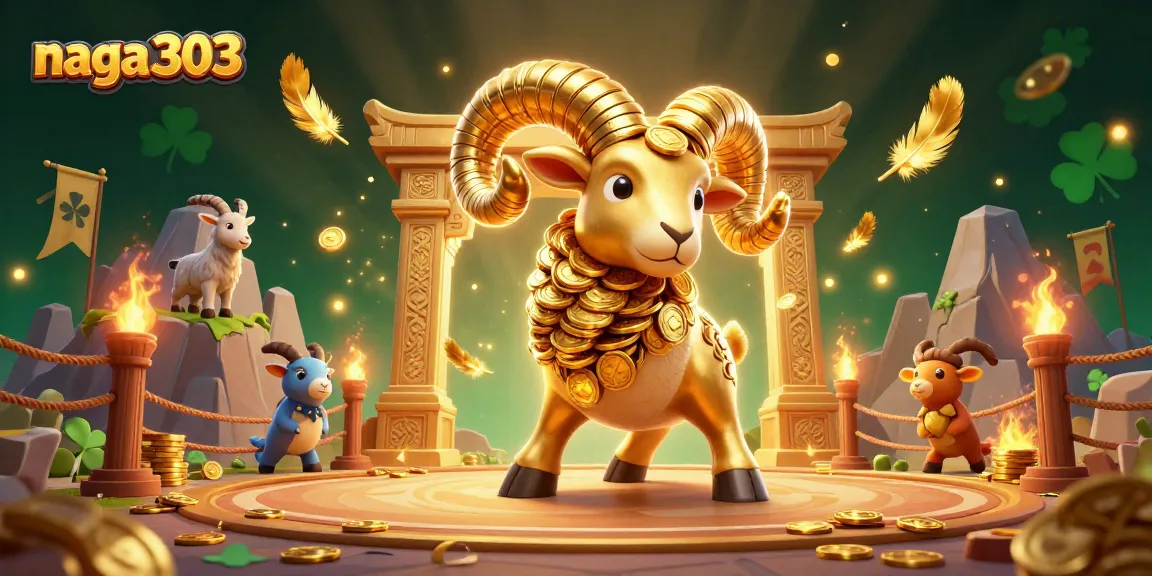 Naga303 players enjoying a vibrant 3D casino atmosphere with the golden ram as a centerpiece.