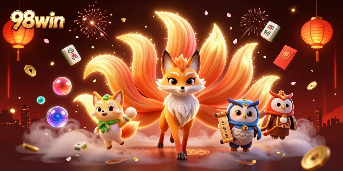 Experience the thrilling gameplay of 98win with a vibrant 3D illustration of a nine-tailed fox and lucky symbols.