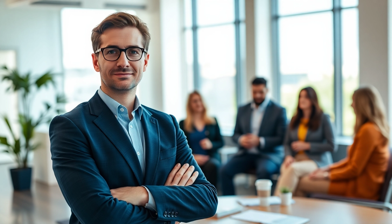 Debt collection UK professional consulting with clients in a bright office environment.