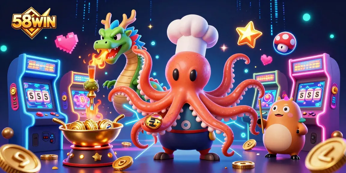 Spin the reels of fortune at 58WIN with a vibrant casino scene featuring a cartoon sushi chef octopus.
