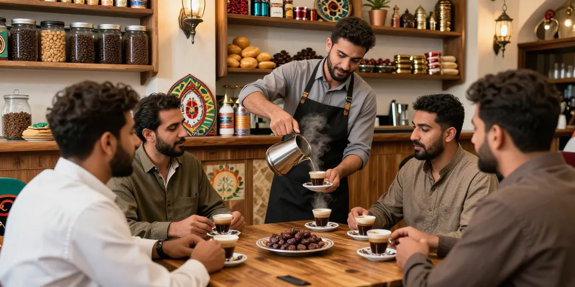 قهوجيين وصبابين يقدمون القهوة العربية في مقهى تقليدي بأجواء دافئة