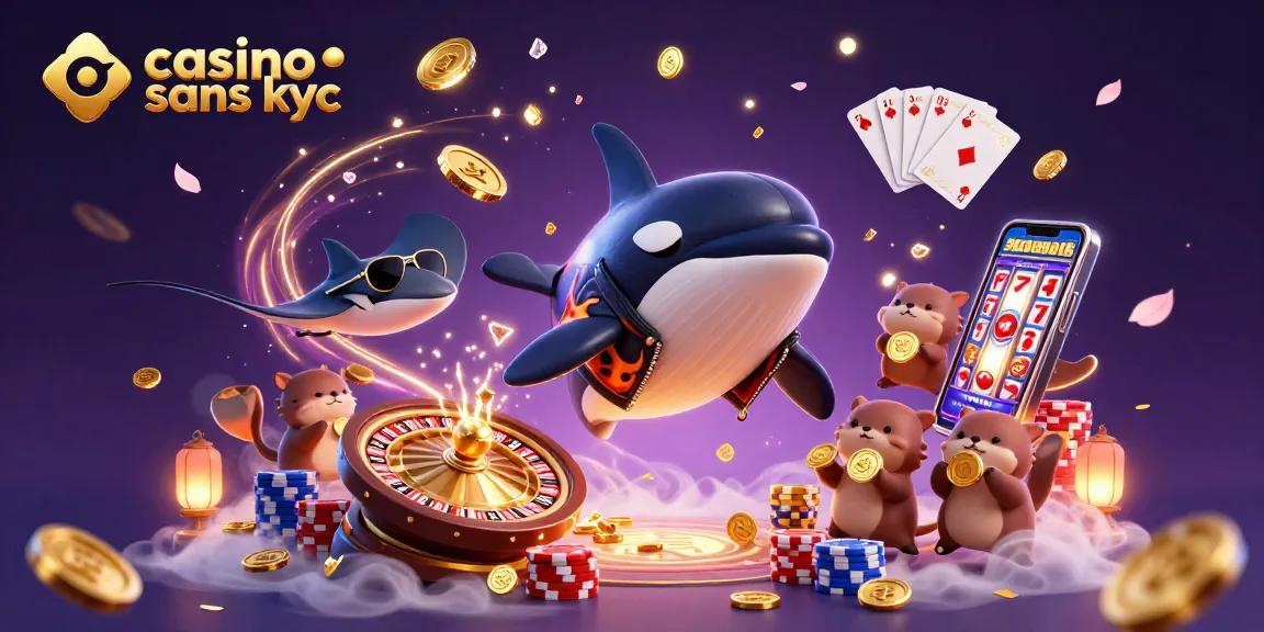 Profitez du jeu au casino sans KYC avec des otaries et une raie animée, entourés de pièces d'or.