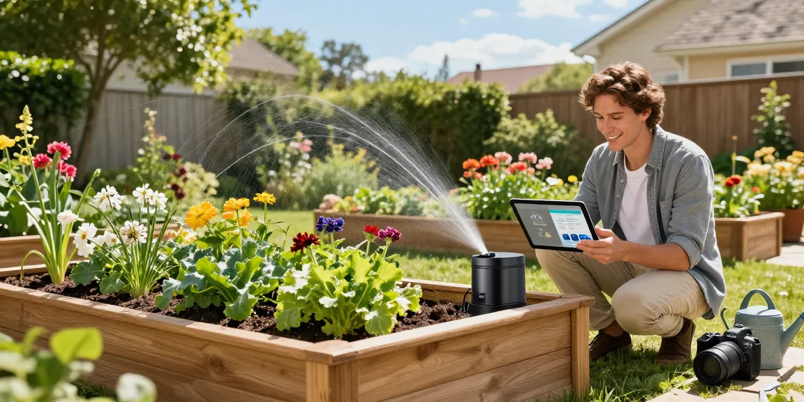 Homeowner using the rainpoint automatic watering system in a vibrant garden.