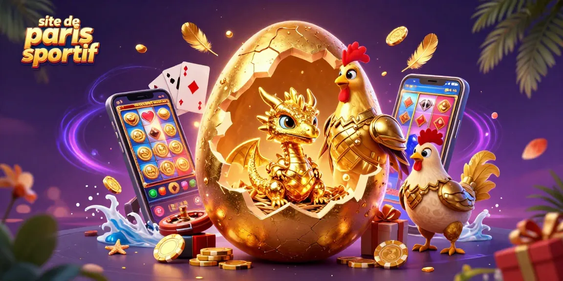 Le site de paris sportif offre une expérience unique avec un dragon en or, des jetons de poker et des éléments de jeu captivants.
