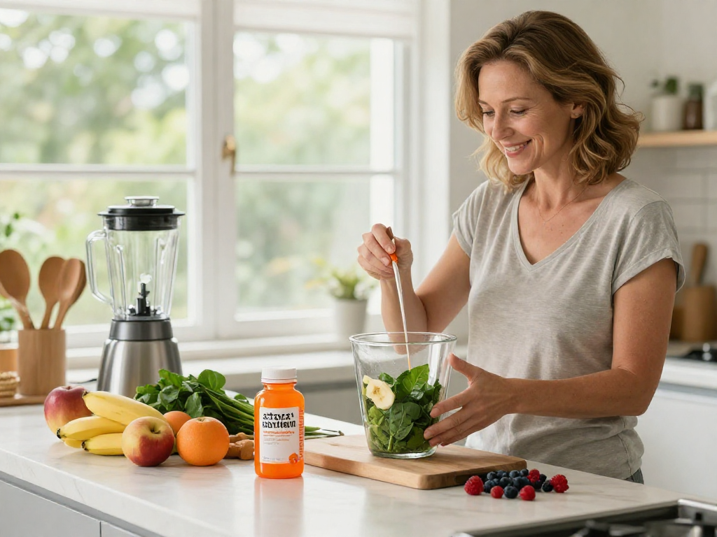 Woman making a smoothie with astaxanthin supplement Canada in a bright kitchen, surrounded by fresh fruits.