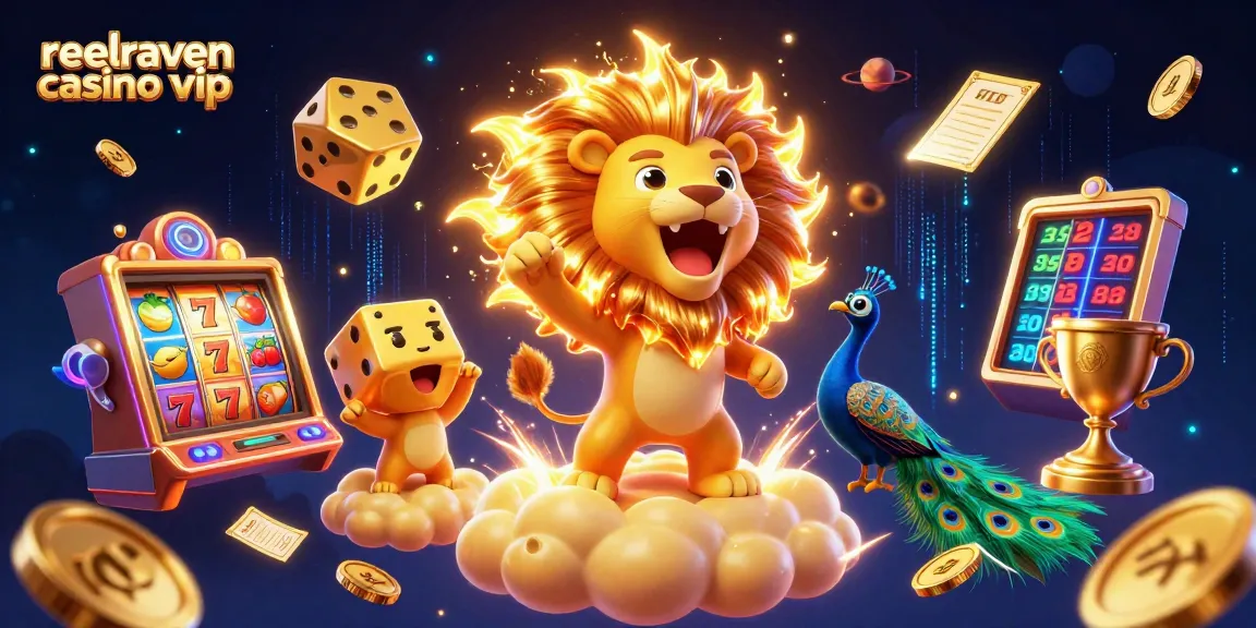 Découvrez le club VIP de reelraven casino vip avec l'illustration d'un lion solaire et des éléments de machine à sous.