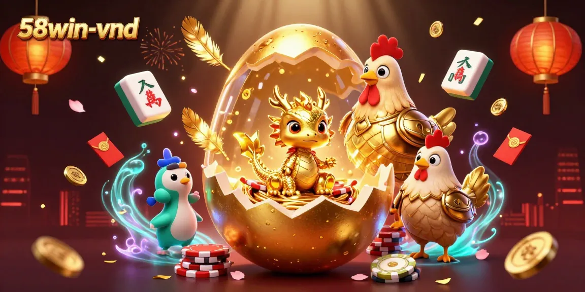 Engage with the thrilling atmosphere of 58win-vnd, featuring a golden dragon amidst vibrant casino elements.