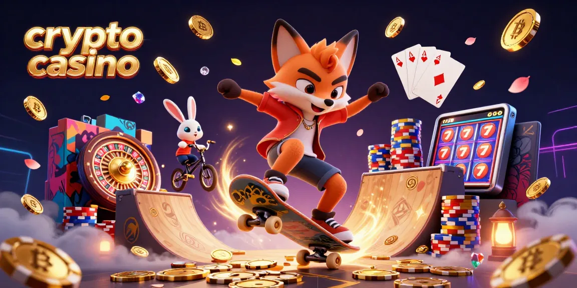 Illustration dynamique d'un crypto casino où un renard skateboardeur effectue un kickflip sur des jetons en or, entouré d'éléments de jeu.