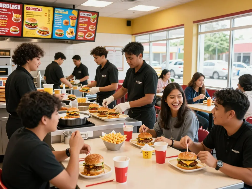 Fast food menu featuring burgers, fries, and vibrant restaurant atmosphere.