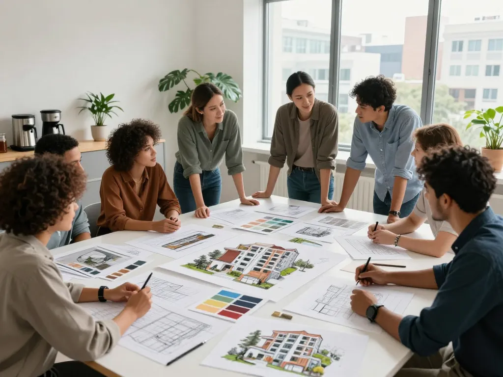 Design Company team collaborating on innovative architectural projects in a bright studio.