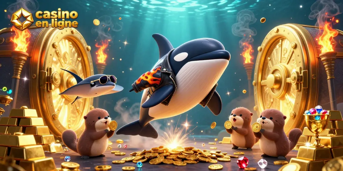 Un orque en cuir et des otaries enrichies explorent un casino en ligne lumineux.