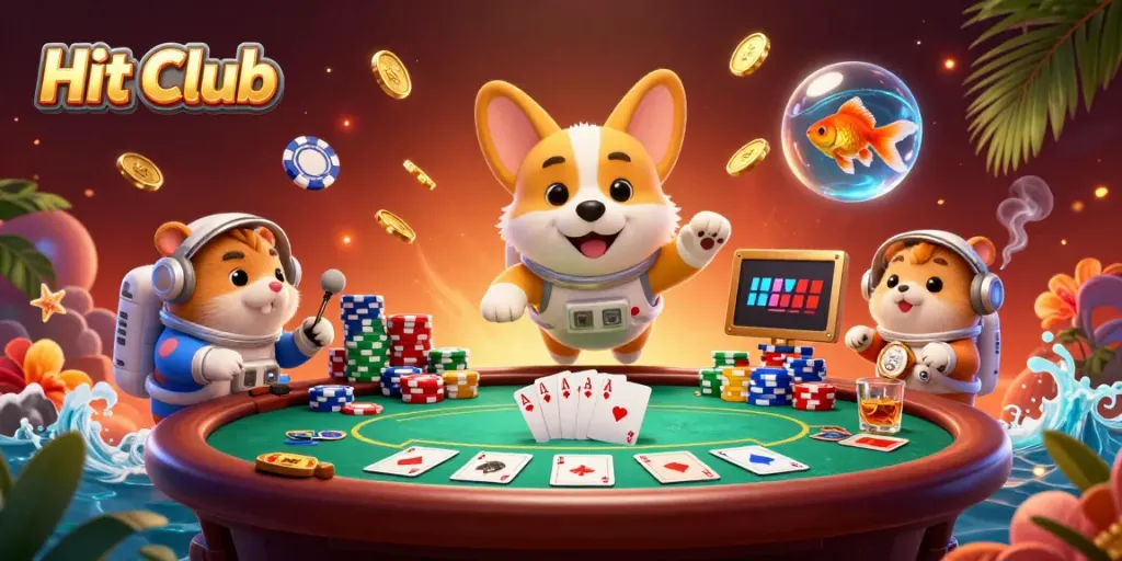Engage in exciting casino adventures at Hit Club with a vibrant 3D scene of cartoon characters and gambling elements.