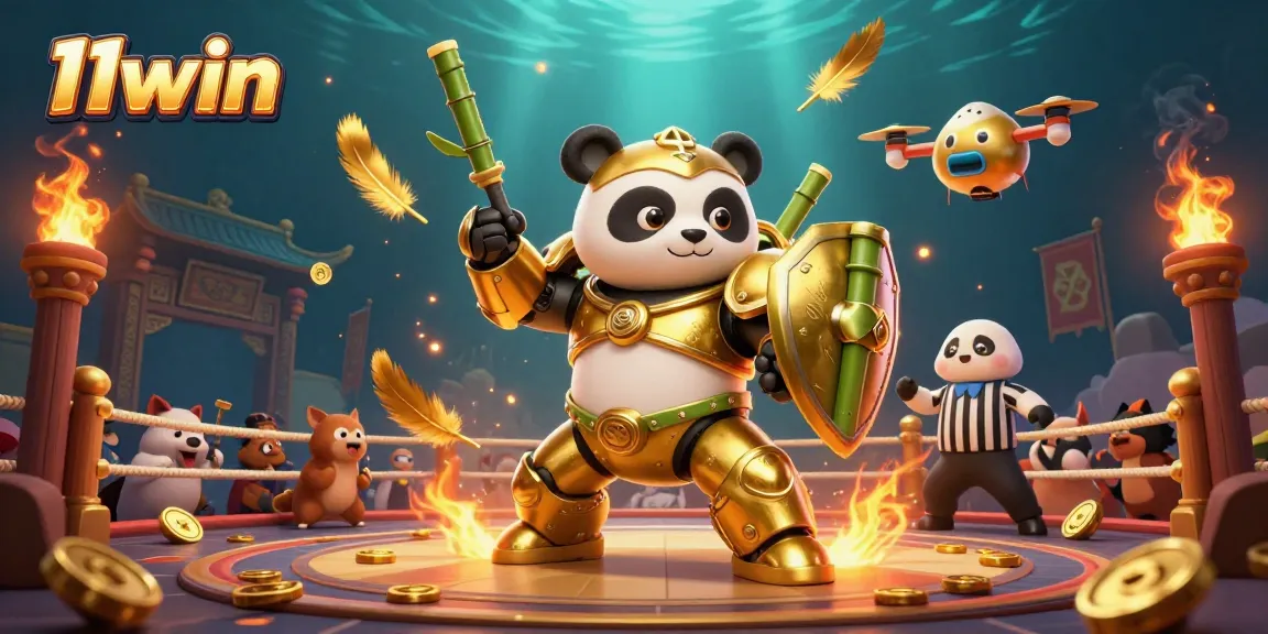 Experience the thrill of 11win with a vibrant 3D scene featuring a golden panda and a bamboo robot in an exciting casino arena.