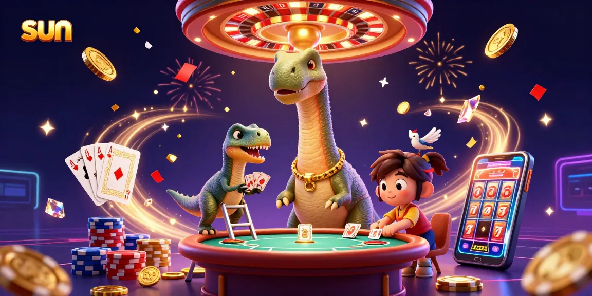 Engage in thrilling casino action under the towering sun, featuring a dinosaur dealer and playful elements.