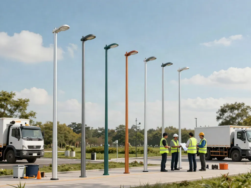 Light pole manufacturers inspecting futuristic designs in a modern urban park.