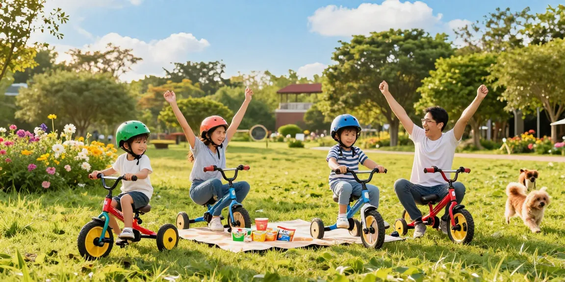 Parents and kids enjoying the best kids tricycles at a sunny park.