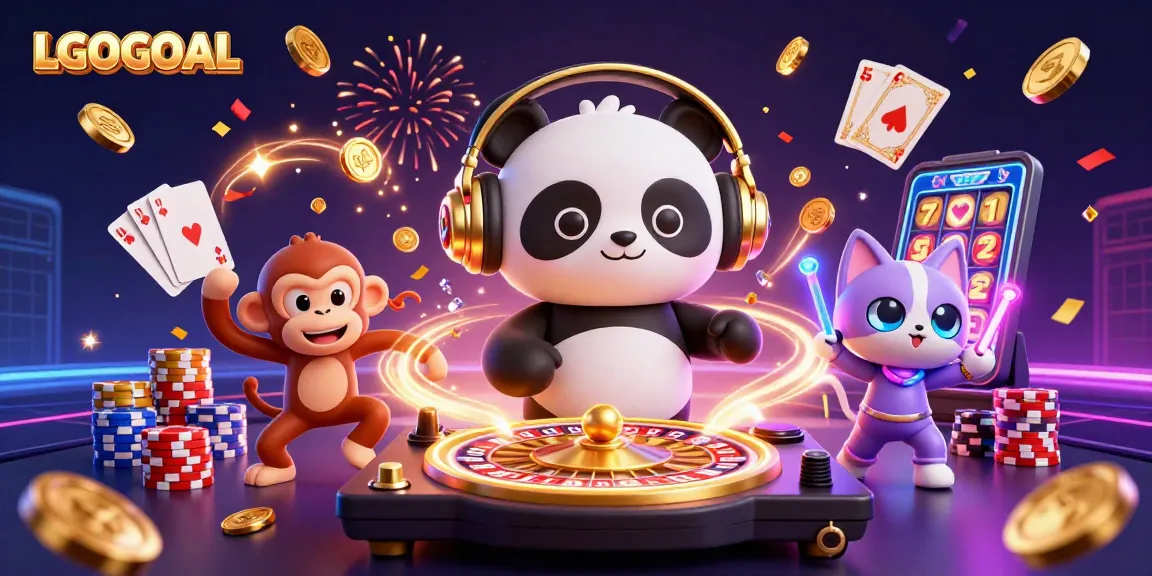Experience exciting wins with LGOGOAL in this vibrant casino-themed 3D illustration featuring playful characters.