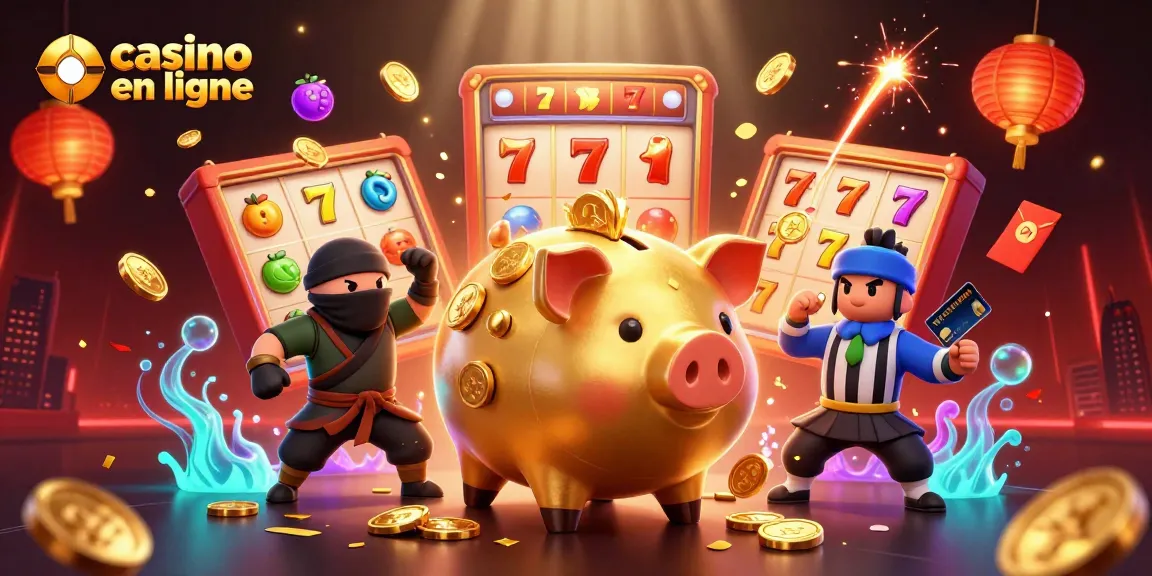 Admirez cette illustration 3D du casino en ligne avec des personnages colorés et des éléments de jeu dynamiques.