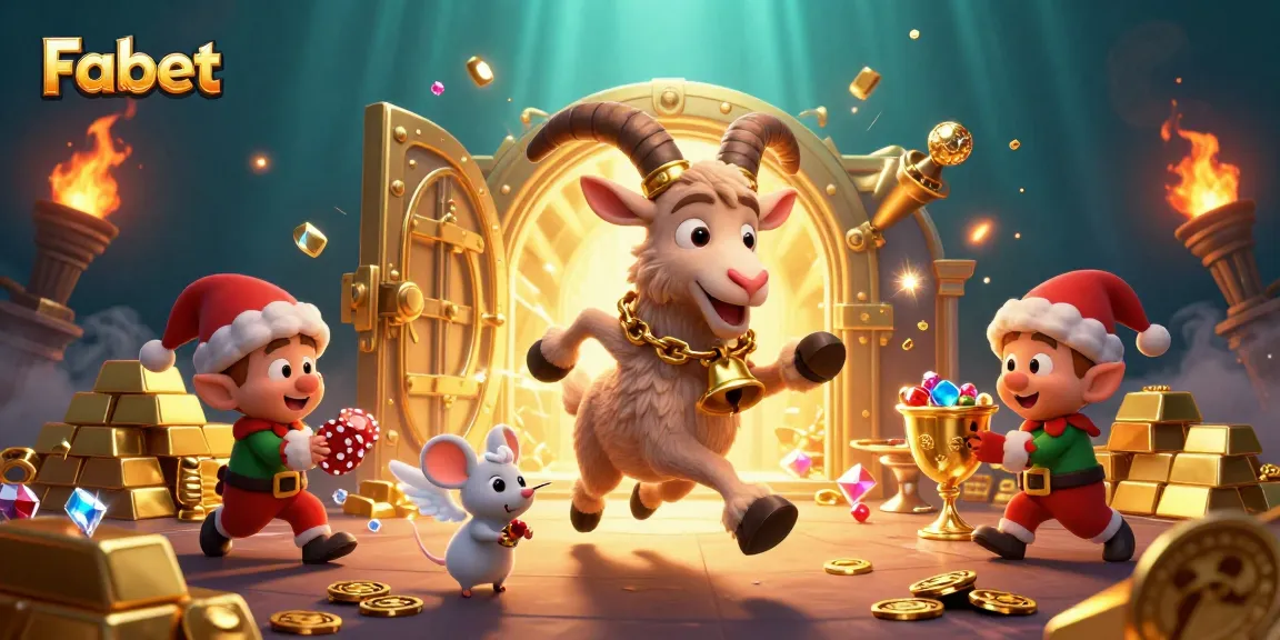 Fabet showcases a festive casino scene with playful characters, gold elements, and vivid colors.