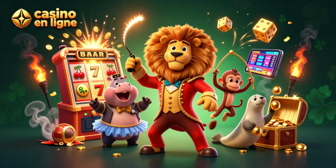 Illustration dynamique d'un casino en ligne avec un lion, un hippopotame en tutu et plus.