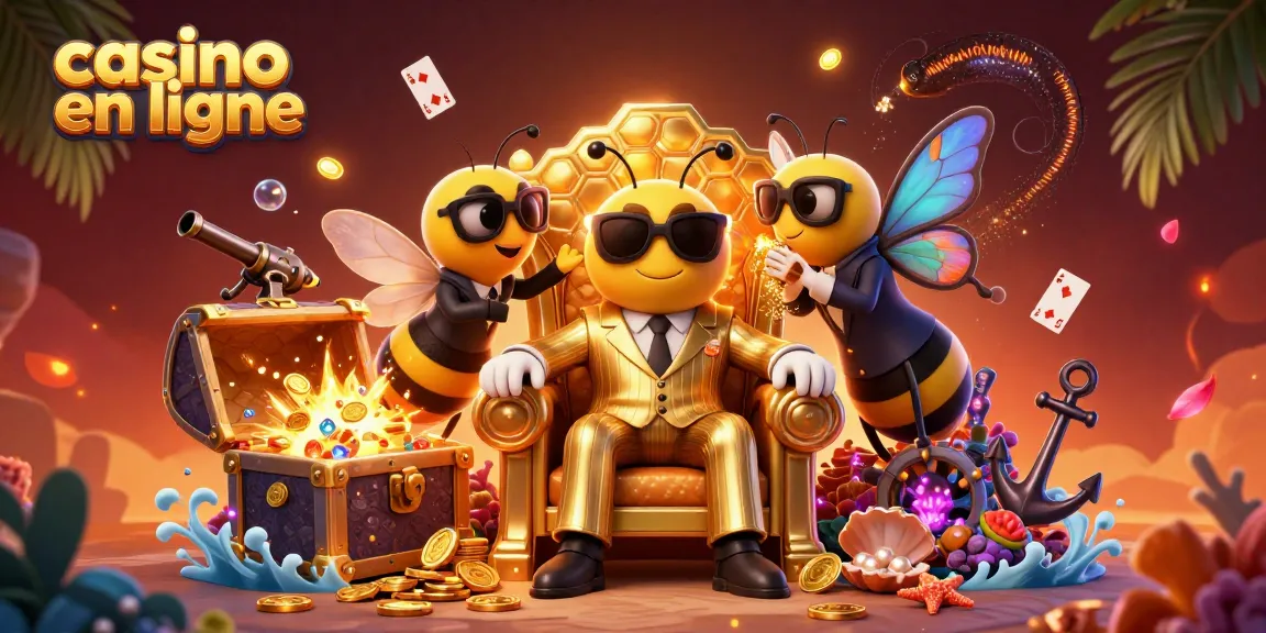 Illustration dynamique d'un casino en ligne, avec un boss abeille et des gardes, entourés de trésors.