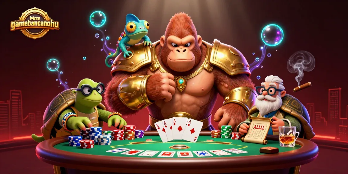 Engage with gamebancanohu, featuring a cartoon gorilla king and a poker scene filled with chips and cards.