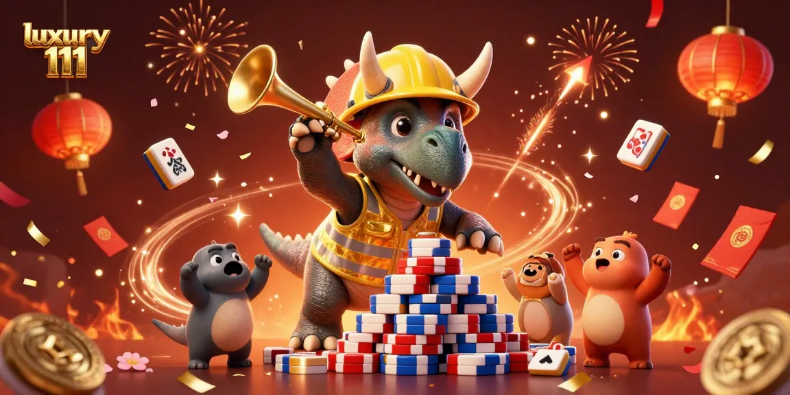 Experience the excitement of luxury 111 with cartoon dinosaurs and poker action in a vibrant casino celebration.