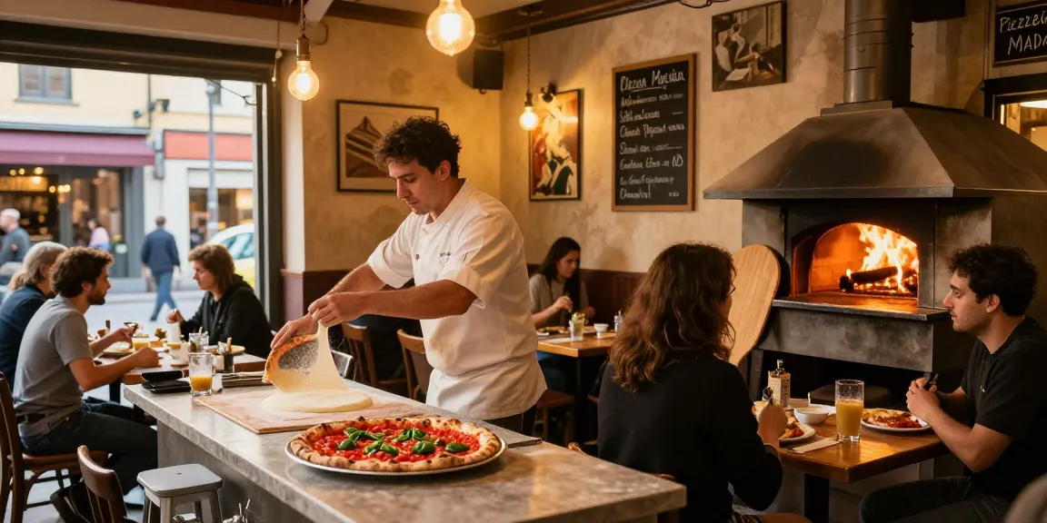 Pizzeria Madera showcases pg soft Italian dining with a chef tossing pizza dough in a cozy, vibrant atmosphere.