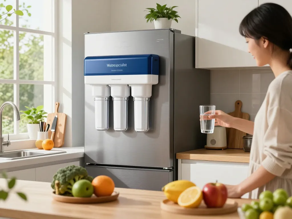 Family member filling a glass with filtered water from a Waterspecialist DA29-00003G Refrigerator Water Filter in a bright kitchen setting.
