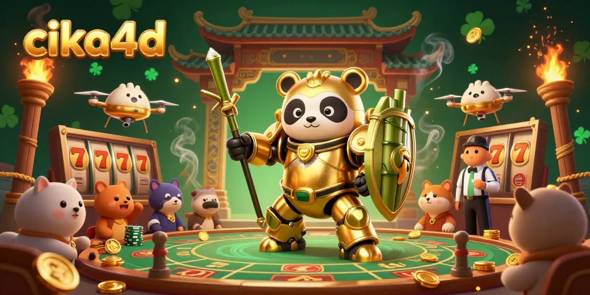 cika4d showcases a golden panda piloting a fighting robot in a vibrant gaming arena filled with slots and colorful energy.