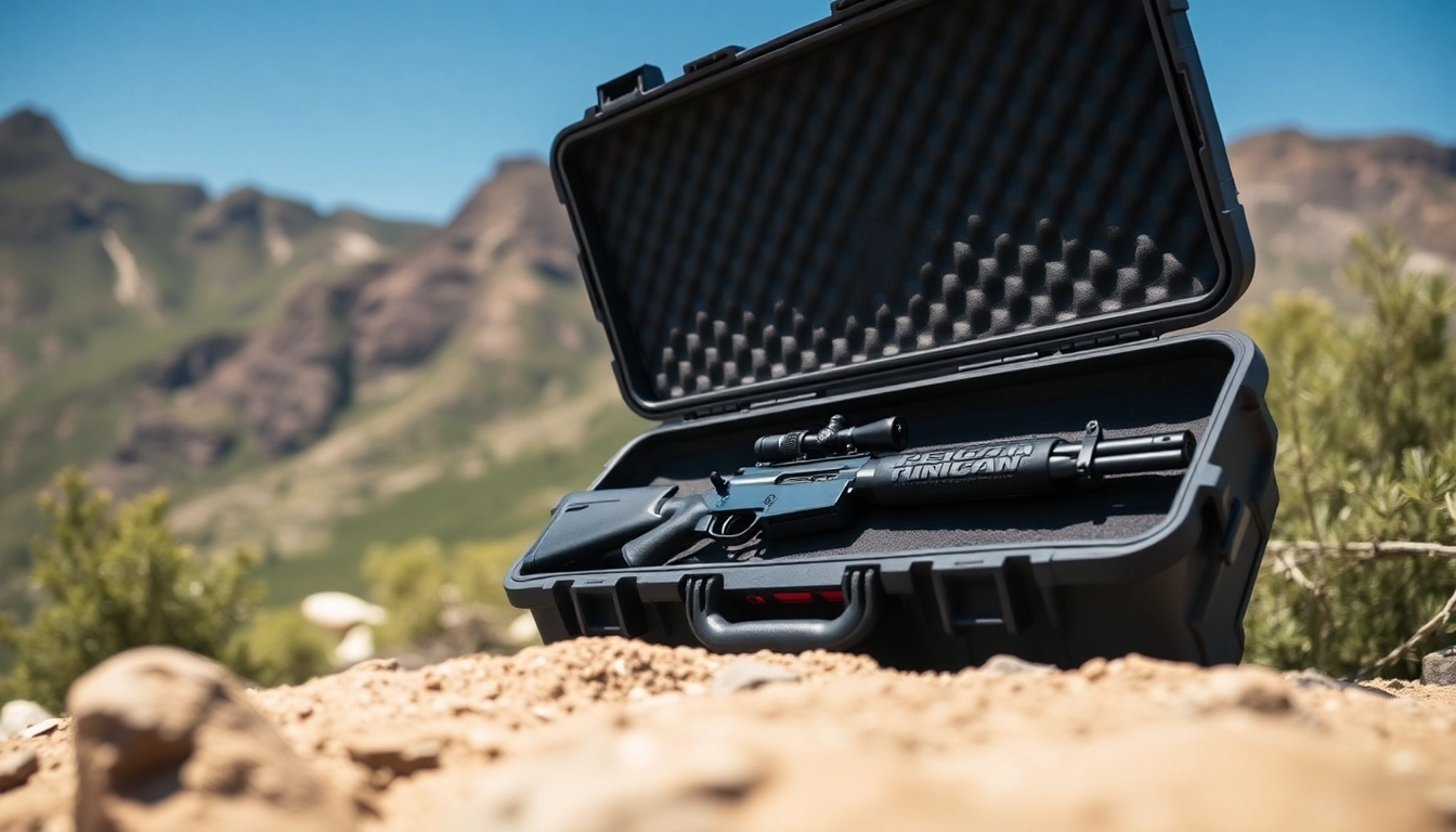 Shop for a Pelican gun case for sale, showcasing a rugged design with a rifle inside.
