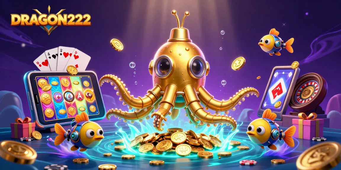 Experience thrilling gameplay with DRAGON222, featuring a golden kraken in a magical coin sea.