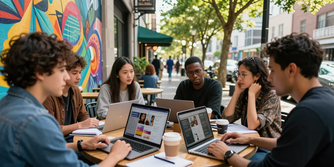 Brainstorming guerrilla marketing techniques online in a vibrant urban café with diverse marketers.