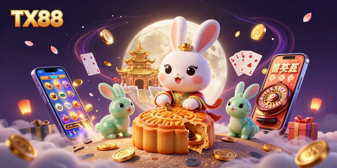 TX88 showcases an enchanting scene of a moon rabbit and jade companion surrounded by vibrant slot games and casino elements.