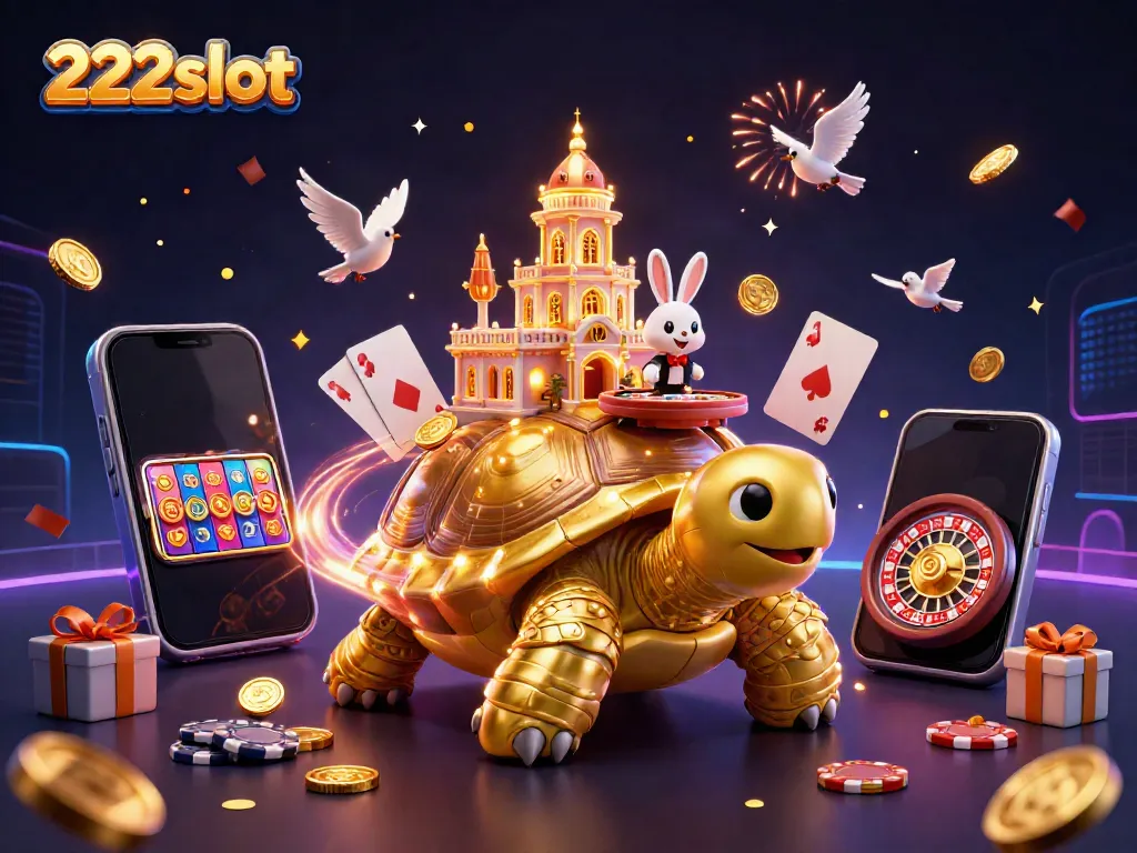 Slot permainan 222slot dan dealer kelinci di atas kura-kura emas dalam suasana perjudian yang meriah.