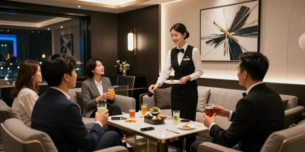 강남 타이밍의 고급스러운 유흥 공간에서 매니저가 고객과 대화하며 제공하는 모습