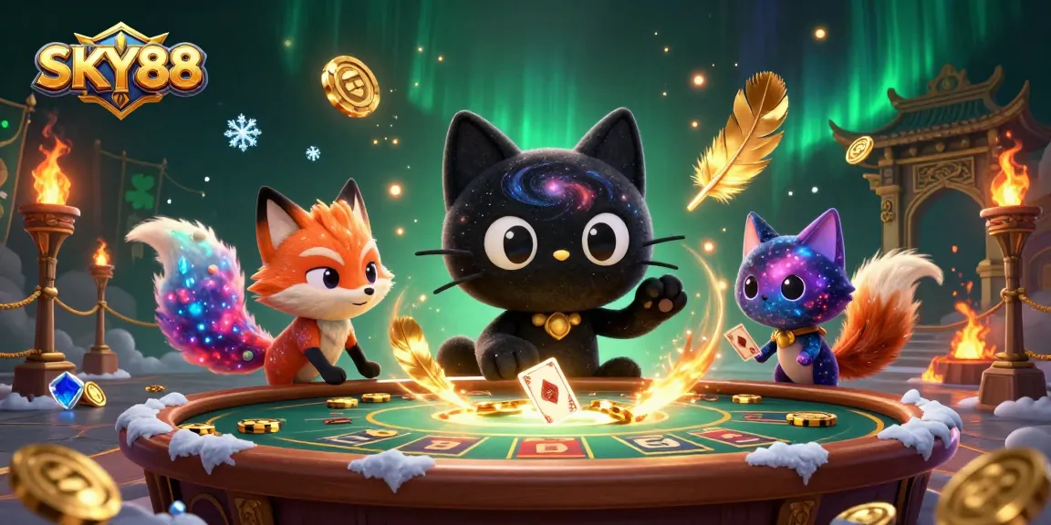 Engage with SKY88's cosmic casino table, filled with golden chips and cards in dynamic 3D art.