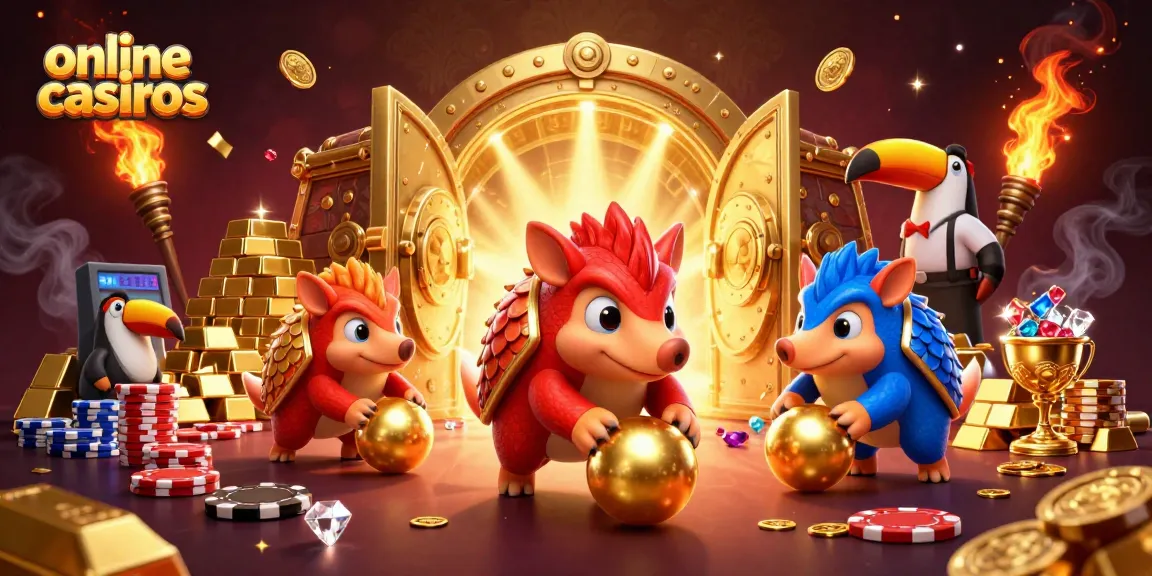 Experience thrilling online casinos with playful pangolins rolling golden balls in a vibrant casino scene.