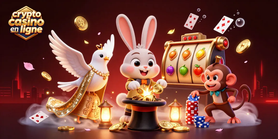 Les personnages de casino comme le 'casino crypto en ligne' dans une illustration 3D colorée avec des pièces d'or et des jeux d'argent.