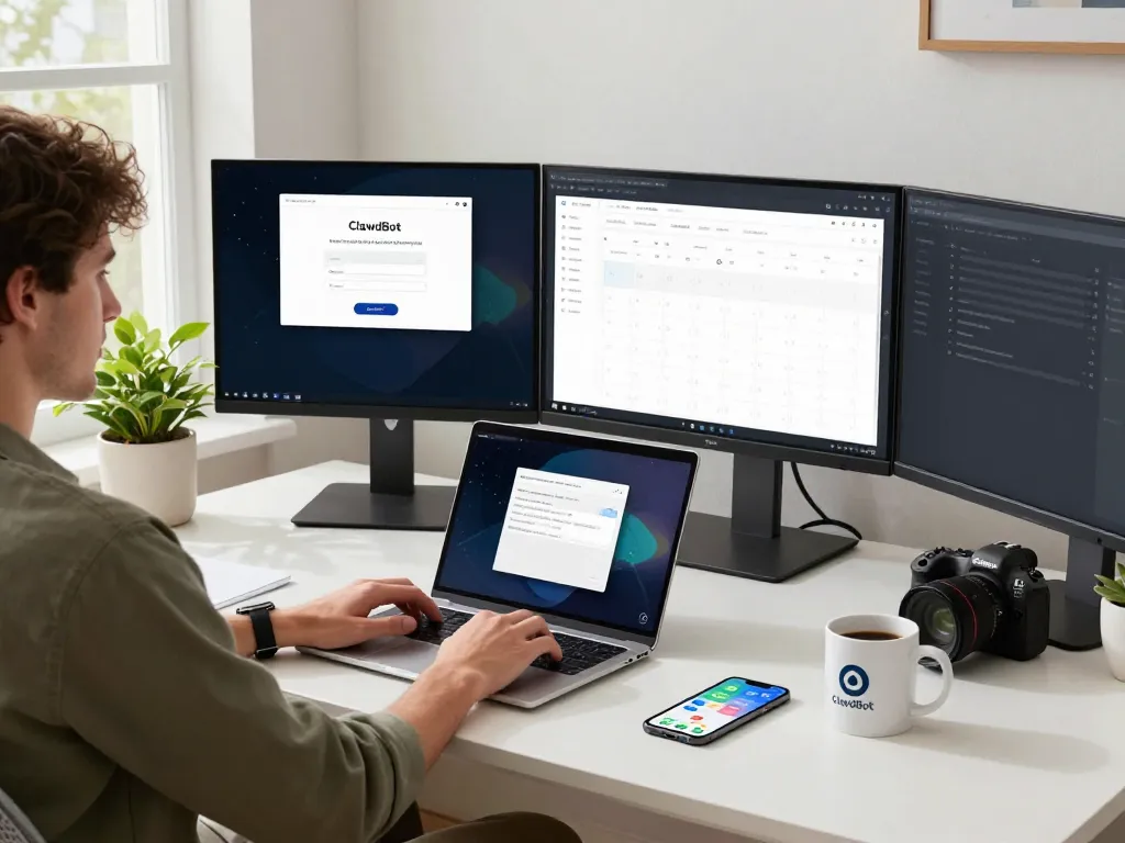 Person using ClawdBot on a laptop in a stylish home office, managing tasks via messaging apps.