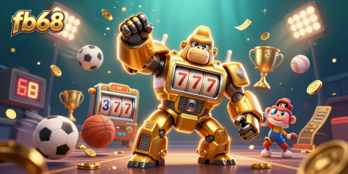 Join the action at fb68 with a dynamic scene of a golden gorilla mech and vibrant sports elements.
