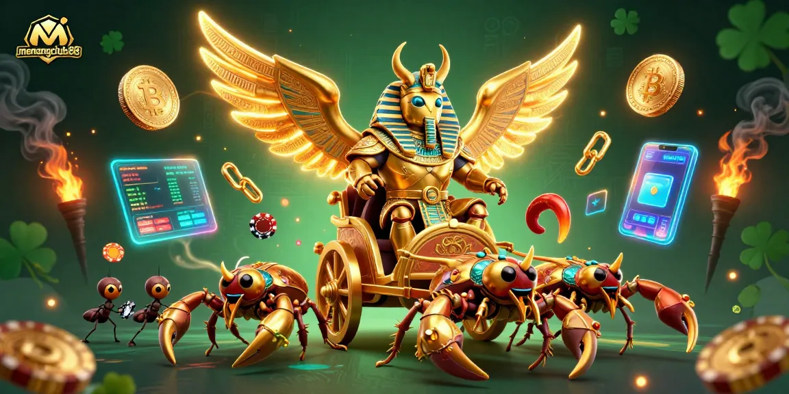 Engage in thrilling adventures with menangclub88's stunning 3D illustration featuring a golden scarab and treasures!