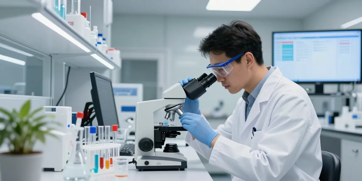 Researcher analyzing peptides at Swiss Chems Labs in a modern lab setup