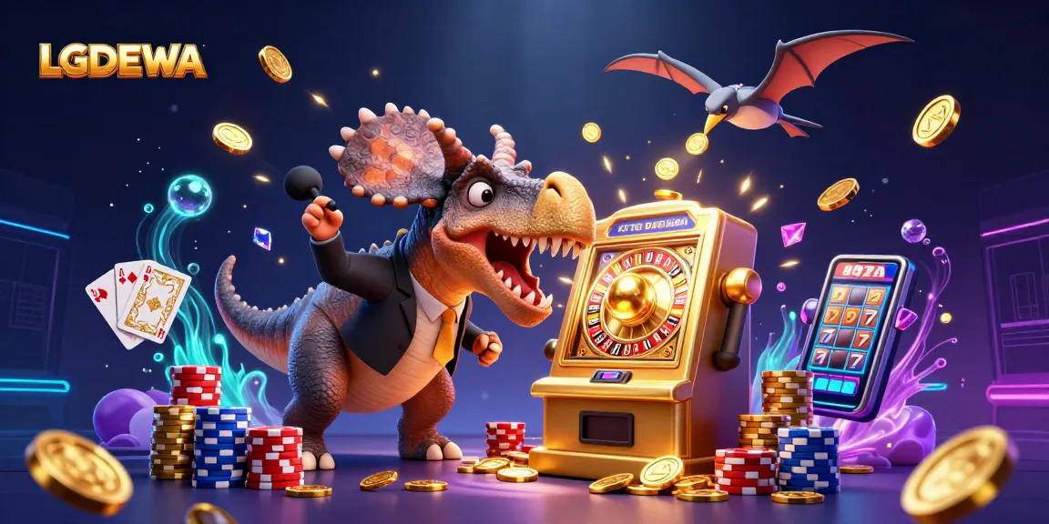 LGODEWA triggers slot machine jackpot with a dynamic 3D scene of dinosaurs amid flying coins.