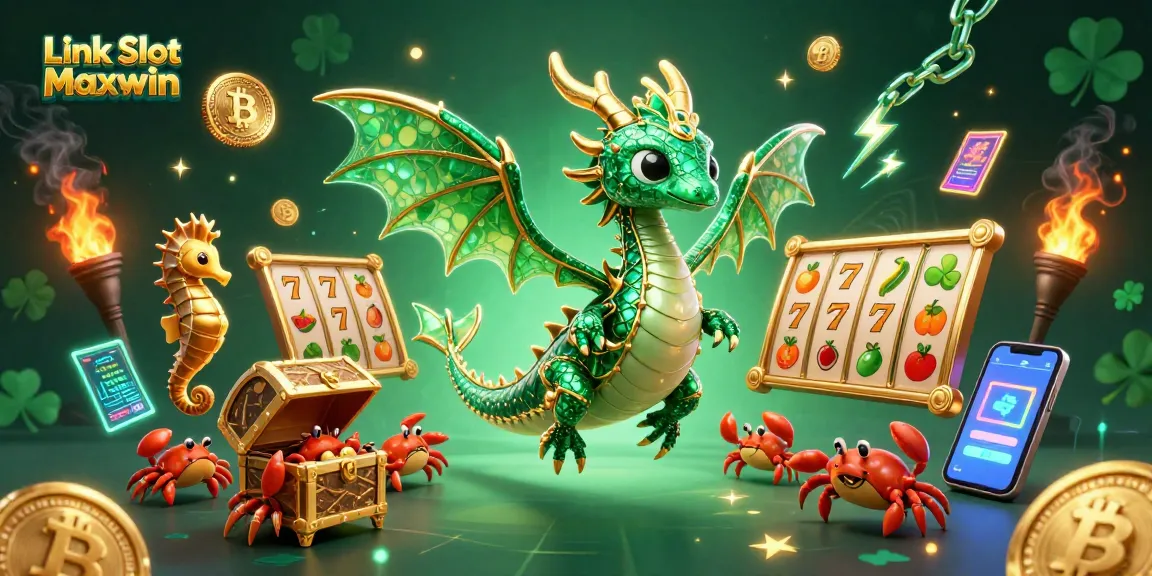 Link Slot Maxwin menghadirkan ilustrasi menarik dengan simbol slot dan naga laut dalam suasana kasino.