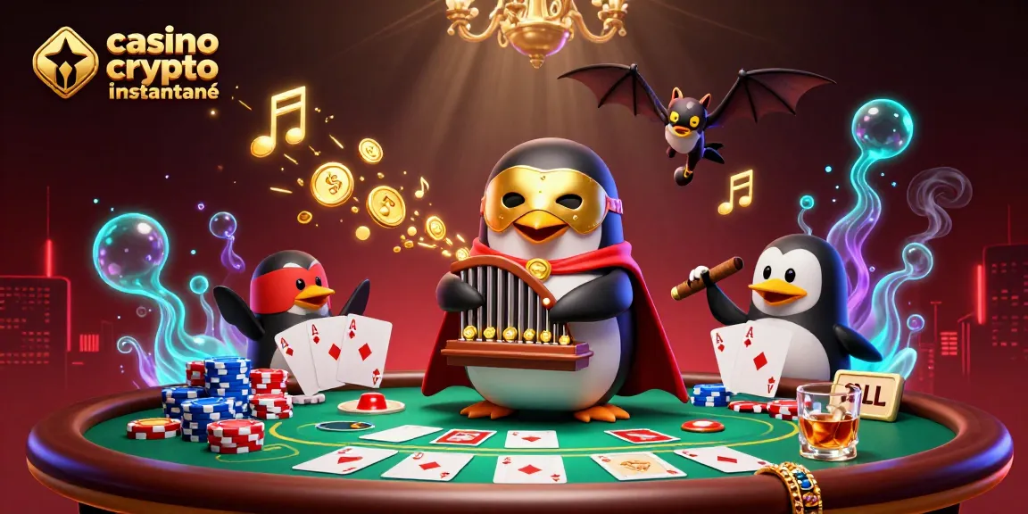 Casino crypto retrait instantané illustrant un pingouin jouant de l'orgue et des pièces d'or volantes