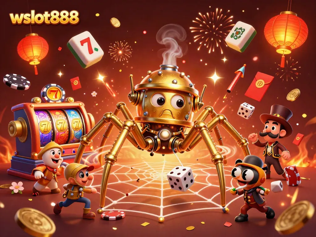 Menggoda pemain dengan wslot888, ilustrasi kasino penuh warna dengan laba-laba steampunk dan elemen permainan yang berkilau.
