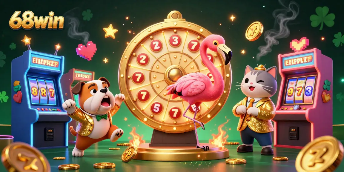 Engage in fun gaming with 68win's vibrant 3D casino experience featuring cartoon characters and slot elements.