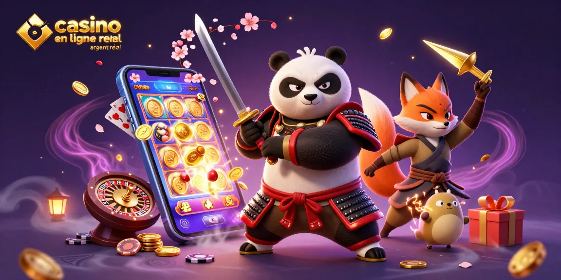Profitez d'une illustration 3D captivante avec un samouraï panda et un renard ninja, évoquant le casino en ligne argent réel.
